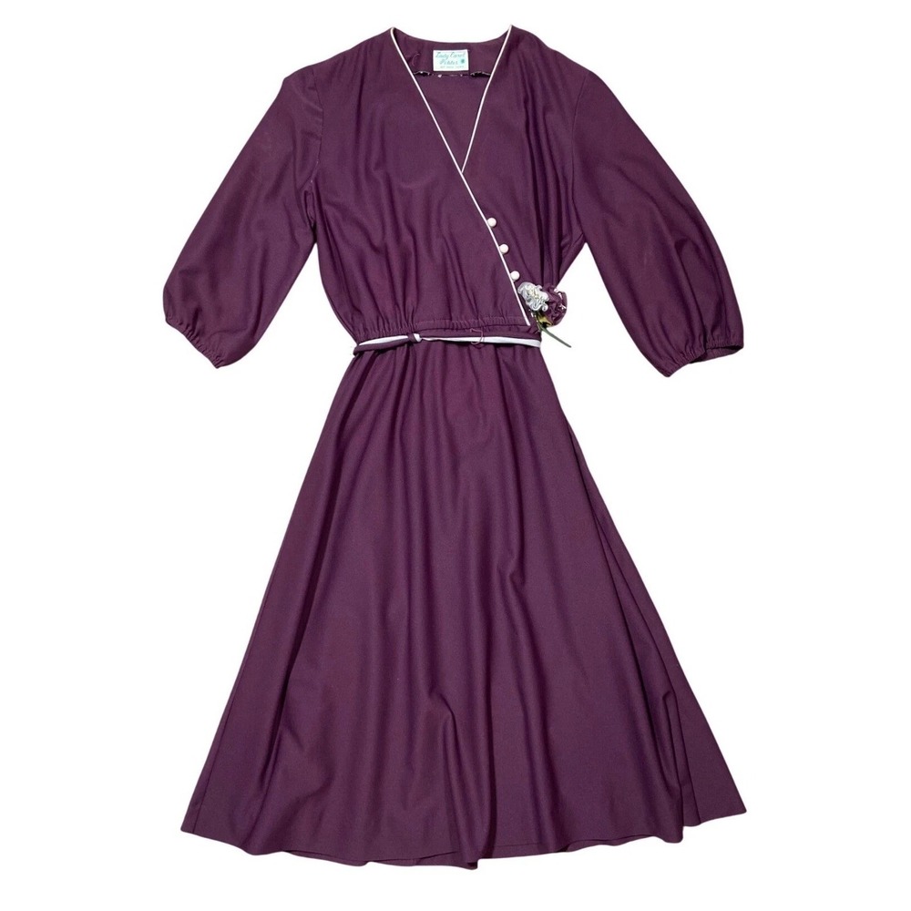 Vintage 60s Lady Carol Petites Dress Purple Midi Faux Wrap Floral Waist